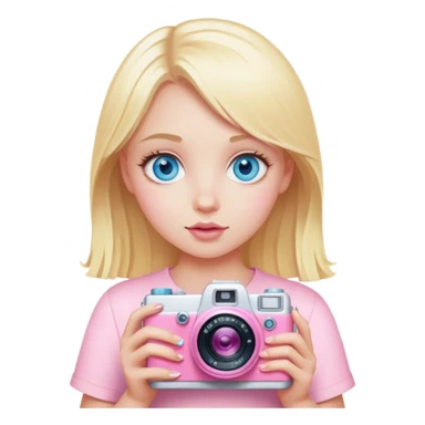 Blonde girl with blue eyes and a baby pink camera sticker