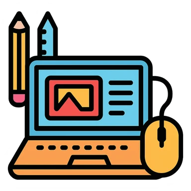 web designer as a color outline icon, featuring a stylized laptop, mouse, and creative tools sticker