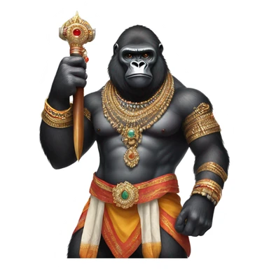 male gorilla with indian male jewellery and  indian traditional wear, holding a  huge weapon, humanoid, holding another  huge weapon  sticker