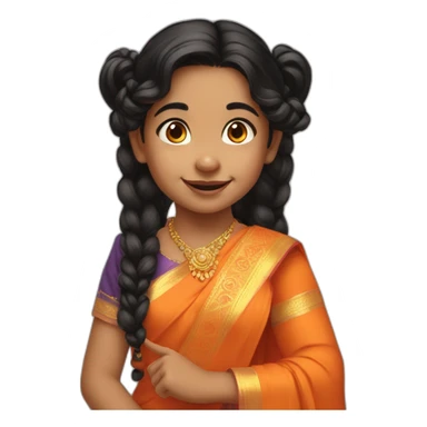 smiling and pointing 3 years old indian girl with black curly hair in pigtails wearing a orange saree sticker