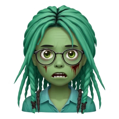 One young female green-skinned, zombie with glasses, with ombre black roots & teal tips long dreadlocks and a side bang of her locs that fall over the left eye and a worried expression like with the mouth open, teeth showing, and the jaw uneven. with a small wound near its mouth. sticker