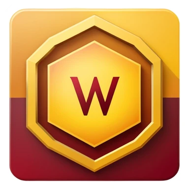 hexagon emblem with a thick yellow-to-gold outline and a dark red gradient inside. In the center, place a bold capital letter V in the same yellow-to-gold gradient as the outline. Keep the shapes clean and geometric, with smooth color transitions and no background color. sticker