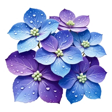 Japanese style hydrangea (ajisai) flower in ukiyo-e inspired design, delicate blue-purple gradient, elegant composition with raindrops, traditional Japanese aesthetic sticker