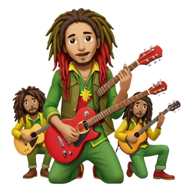 Icon for Reggae Music: Bob Marley with his guitar, surrounded by his band, The Wailers. The design should capture the laid-back, rhythmic vibe of reggae, with iconic dreadlocks and vibrant colors (red, yellow, green). Transparent background. sticker
