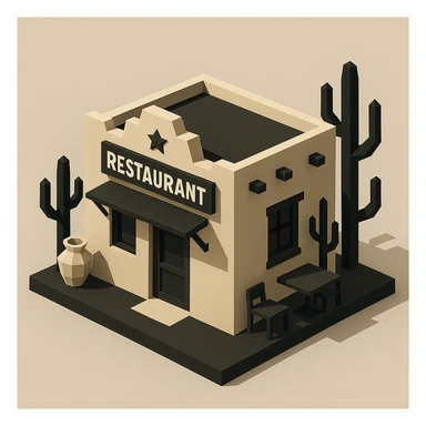 isometric exterior of a southwestern restaurant, black, beige, and white color palette, dollhouse style, low-poly polygonal 3D look sticker