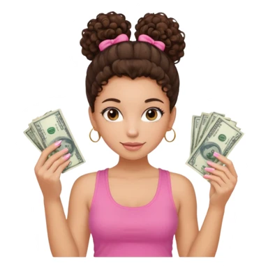 Uma menina com o cabelo cacheado com um Coque com baby hair morena, e com uma regata rosa com unha em gel,e com dinheiro na mão , sticker