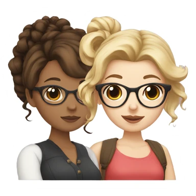 Blonde girl with glasses, brunette with curly hair and glasses and dark haired brunette with glasses and a bun sticker