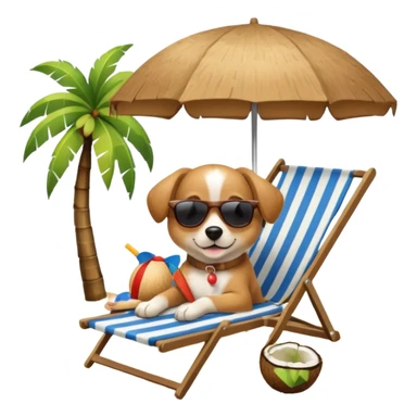 a dog laied on a beach chair, a sunny beach, a sun umbrella, and beach coconut trees. the icon should capture the essence of a relaxing beach vacation with a carefree atmosphere sticker