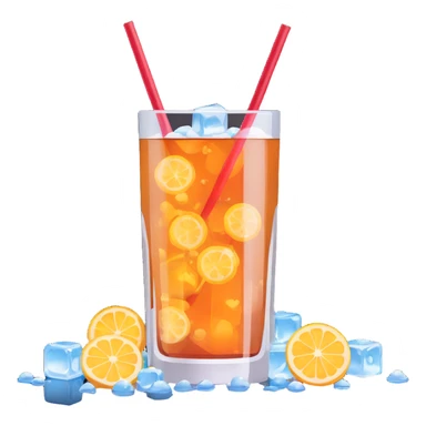 hyper-realistic 3D illustration of a glass of soda with ice cubes and a straw, showing clear reflections and bubbles sticker