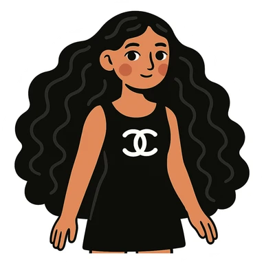 light skin girl with very long black curly hair, brown eyes, black Chanel dress sticker