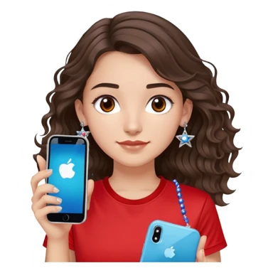 brunette girl with wavy medium length hair, brown eyes, light/medium skin tone, holding iPhone and light phone, wearing red Adidas t-shirt, small silver hoop earrings with blue gem stars, and a different colorful beaded charm necklace sticker