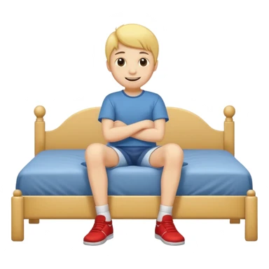 emoji- of a smiley boy sitting at the edge of the bed with legs on the floor sticker
