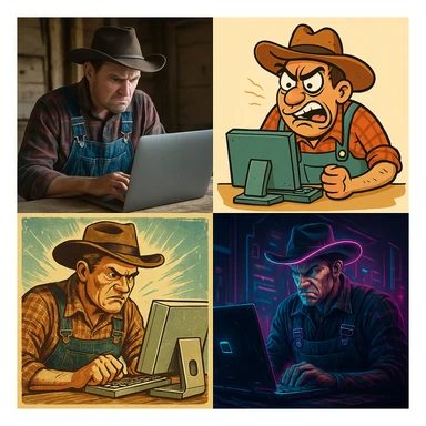 A farmer intensely using a computer, looking frustrated, in four different visual styles sticker