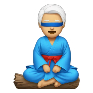 blindfolded man sitting on a log with white hair and blue kimono sticker