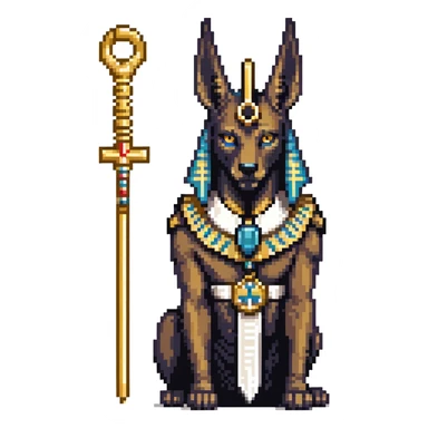 Egyptian god Anubis with black jackal head, gold collar, Egyptian headdress, holding ankh symbol sticker