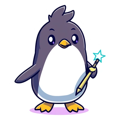 penguin casting magical spells with sparkling wand sticker