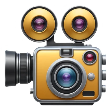Minimal emoji icon of a huge cinematic metalic camera, front view, simple shapes, realistic lens,  sticker