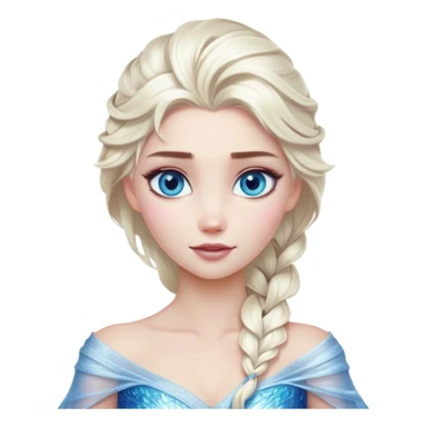 Cinematic Realistic Elsa Portrait, depicted with lifelike skin texture, soft natural lighting, and intricately detailed platinum blonde hair styled elegantly. Her striking, expressive blue eyes exude confidence and grace, complemented by a serene and regal expression. She is dressed in her signature icy attire, with shimmering fabric textures and delicate folds that catch the light beautifully. The portrait features a soft, enchanting glow with a cool, radiant finish, capturing the essence of timeless elegance in a realistic and painterly style, evoking a sense of depth and authenticity. sticker