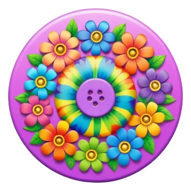 A round psychedelic colored button with rainbow colored hippie style flowers around the edges sticker