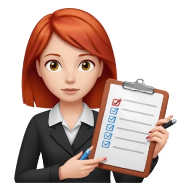 woman with red hair, holding a checklist sticker
