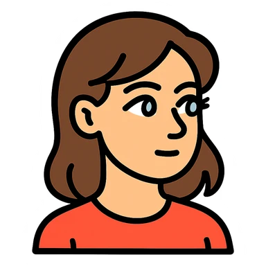 An icon-style emoji of a brunette girl with medium, slightly wavy hair, normal skin tone, a button nose, beautiful blue eyes with eyelashes, looking to the side. sticker