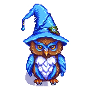 pixel art owl with a blue wizard hat sticker