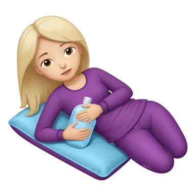 A girl, lying on her side suffering from menstrual cramps, has a hot water bottle on her stomach. sticker