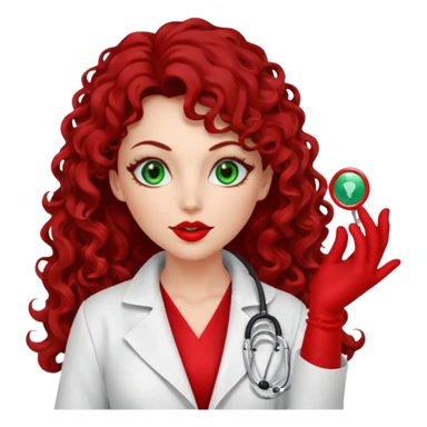 Lilith symbol sexy evil woman. She has green eyes.  had brown long curly hair.  evil surgeon kills with scalpel wears red sexy doctor coat with red mouth cover red gloves. Covers nose, neck  and mouth with red cloth sticker