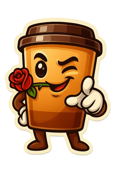 Tall coffee cup, rose in mouth, wiggle eyebrow, smirk, pointing at viewer sticker