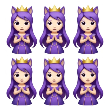 A collection of twelve chibi-style illustrations of a cute princess wearing a purple dress and crown with purple hair and purple wolf ears and purple wolf tail character. Each square shows the character doing different things against a white background And make a gap between each illusion sticker
