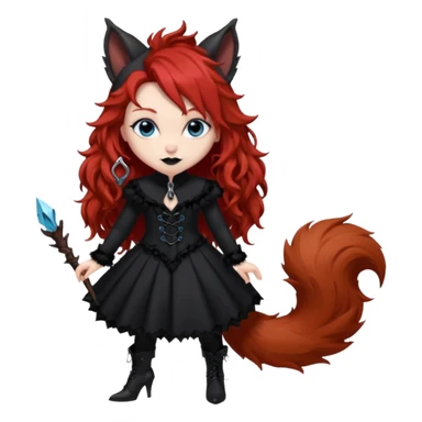  long curly red hair (darker), red pointed ears with black trim, black goth outfits, body and face human, blue eyes, more pointy chin, black lipstick, one big fluffy red squirrel tail with black tips, like the attached photo with more outfits and poses,  sticker