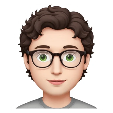 Young man with dark brown slightly wavy poofy hair (just a bit of curl, not too curly), green eyes wearing glasses, wide face with eyes set apart, bigger ears, very pale skin, slightly bigger nose, fuller darker pink lips with a smile, and very light stubble sticker