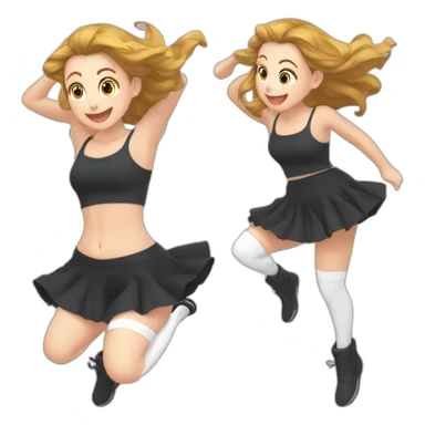 full-body-caucasian-curvy-beauty-jumping-short-black-skirt-back-and-front-views-strong-wind-knickers-long-white-socks sticker