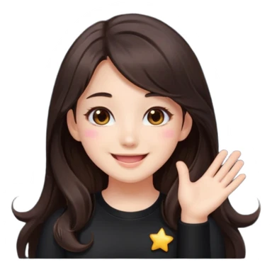 kawaii streamer girl, brunette, brown eyes, long dark hair, black outfit, smiling, sparkling eyes, blushing cheeks, happy expression, small stars around, emoji icon sticker
