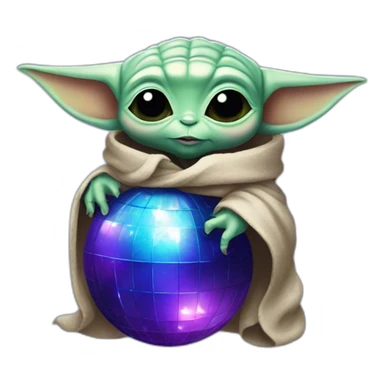 Baby yoda hugging a blue and purple disco ball sticker