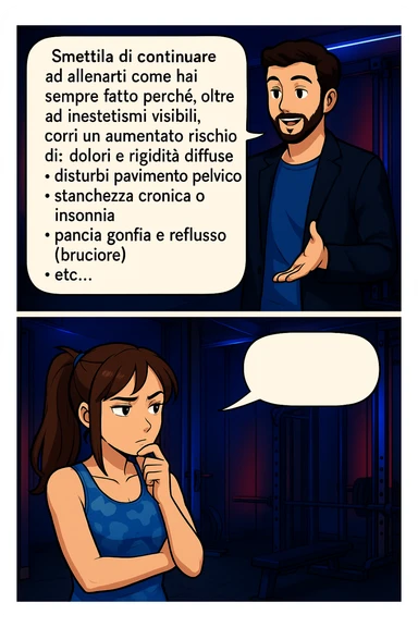 TRASFORMA QUESTO CAROSELLO IN UN FUMETTO STILE MANGA A COLORI CON QUESTE DUE PERSONE IDENTICHE CHE INTERLOQUISCONO TRA LORO, LA DONNA HA UN ESPRESSIONE PENSIEROSA MENTRE LO ASCOLTA:

LUI (UOMO): Smettila di continuare ad allenarti come hai sempre fatto perché, oltre ad inestetismi visibili, corri un aumentato rischio di:
    • dolori e rigidità diffuse
    • disturbi pavimento pelvico
    • stanchezza cronica o insonnia
    • pancia gonfia e reflusso (bruciore)
    • etc…

 sticker