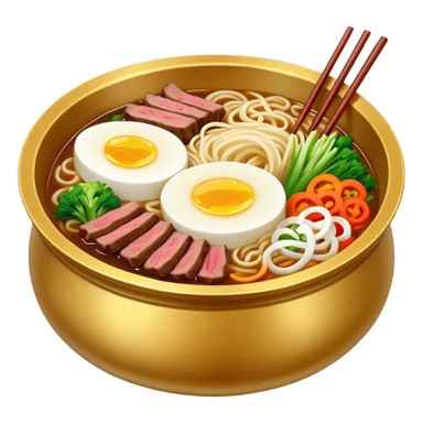 naengmyeon noodles with beef and vegetables in a golden bowl sticker
