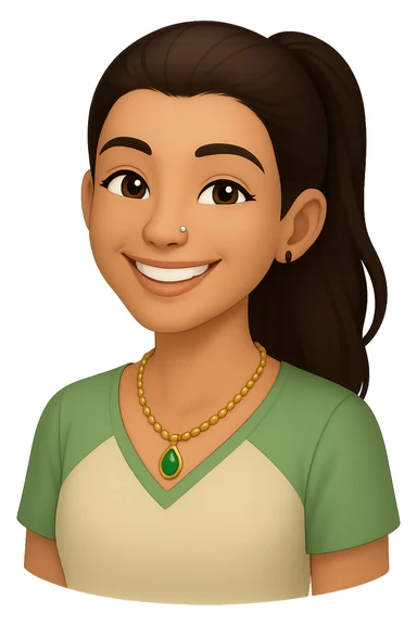 Change the hairstyle of the young woman to a ponytail. Keep her smiling with dark brown hair, brown eyes, nose piercing, wearing a green and cream blouse and a gold necklace. Convey happiness and relaxation. Remove any background, make it transparent. sticker
