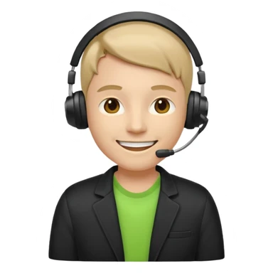 A modern flat emoji depicting a call center employee wearing a light green T-shirt and black jacket, with a headset, a friendly expression, a minimalist design, bright colors, and a white or transparent background. sticker