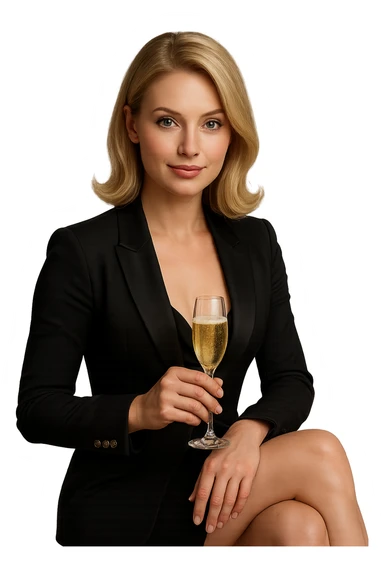 Create a hyper realistic glamorous model with a champagne glass, sitting pose, in the style of apple emojis with no background. The style should reflect the iconic apple emoji look with smooth, polished, and vibrant colors, but with hyper realistic details and textures. sticker