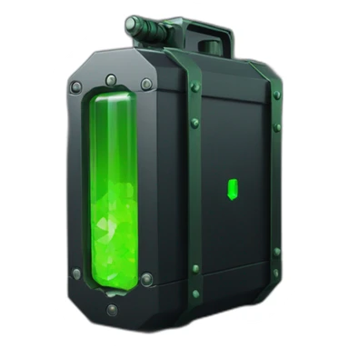 Futuristic tall thin narrow width rectangular military cannister colored matte black with green rock crystals peeking out sticker