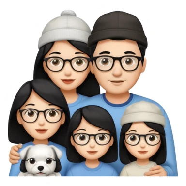 Mom black hair with glasses, Dad black hair with cap, Daughter black hair with glasses, white Dog sticker