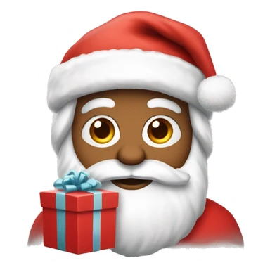 “An adorable full-body Santa in a red suit, fluffy white beard, rosy cheeks, big eyes, and a red hat with a white pom-pom, holding a small gift.” sticker