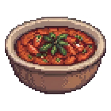 pixel art bowl of red tomato chutney with garlic sticker