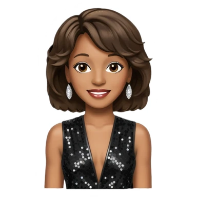 Whitney Houston with dark brown hair, black sequin jumpsuit sticker
