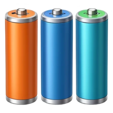pair of cylindrical batteries with metallic tops and colored bands (orange, blue, or green) to indicate charge, positioned side by side or slightly angled, visible terminals, clean minimal design, no packaging, charger, or device, soft lighting, subtle shadows, emoji scale sticker