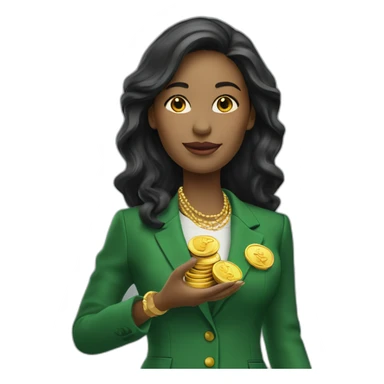Posh-woman-with-green-suit-holding-golden-coins sticker