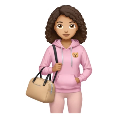Mixed-race athletic woman with caramel skin, wearing baby pink hoodie and leggings, carrying a beige gym bag sticker