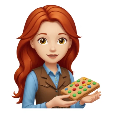 white girl scout with red long hair selling cookies with a brown vest sticker