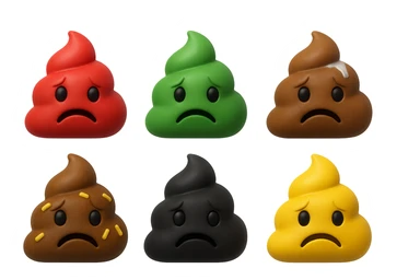 emoji stile iphone 3d di una cacca di colore rosso, una cacca di colore verde, una cacca di colore marrone con muco bianco visibile sopra,  una cacca di colore marrone con penne di pasta a pezzetti visibili all'interno di essa,  una cacca di colore nero e una cacca di colore giallo, tutte le cacche hanno un espressione triste, iperrealistiche 4k sticker